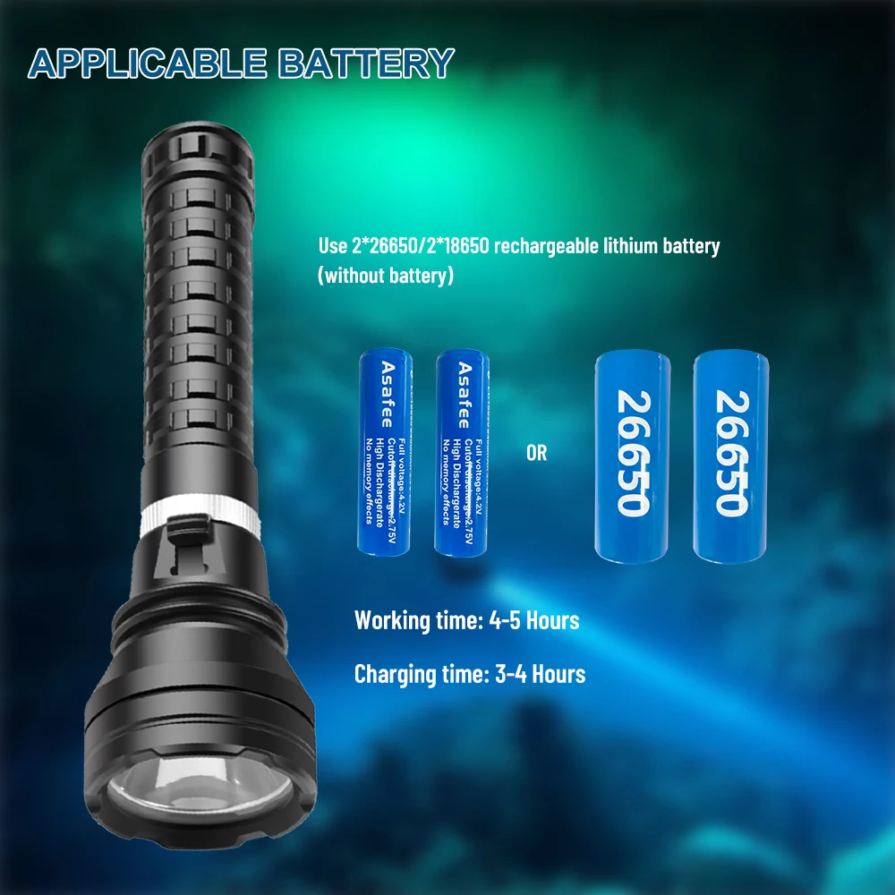 Asafee XHP70 LED 50M Underwater 2000LM 300M Range Diving Flashlight Magnetic Switch 1 High Light Mode Lamp IPX8 Waterproof