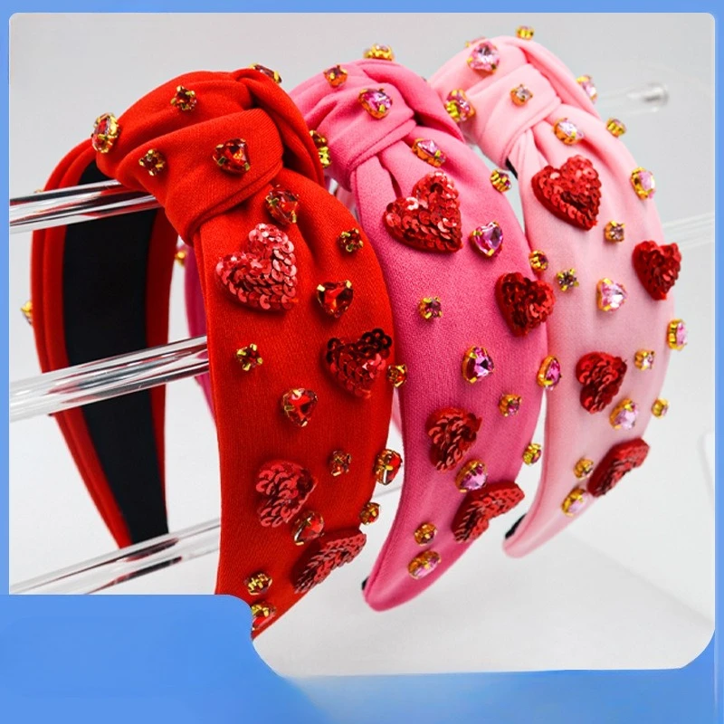 

Valentine's Day Headband - Wide Fabric Hairband with Heart Rhinestones - Glitter Hair Accessories
