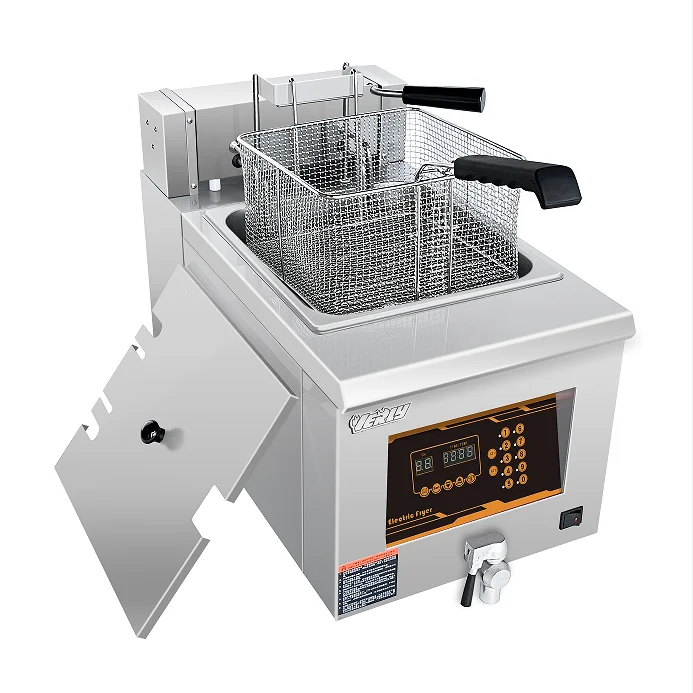 Fritadeira elétrica tipo elevador automático com válvula de óleo e controle digital HY-928