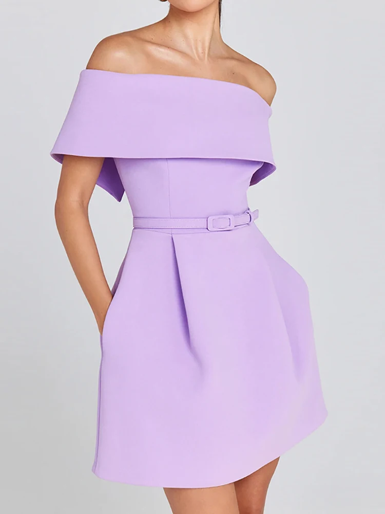 Women Belt Patchwork Short Sleeve Mini Dress, Spring Summer Fashion Slash Neck Party Dress, Solid Off The Shoulder Ladies Dress