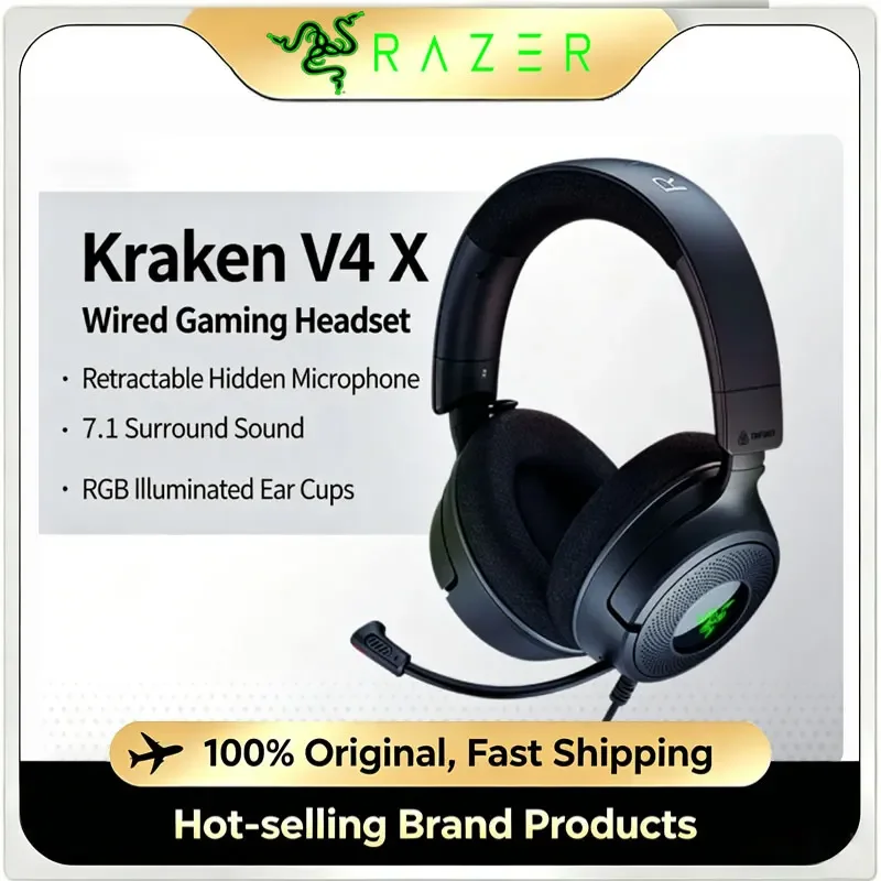 Razer Kraken V4 X Wired Gaming Headset 40mm Drivers Chroma RGB Headphone with Cardioid Mic for PC PS5 Switch