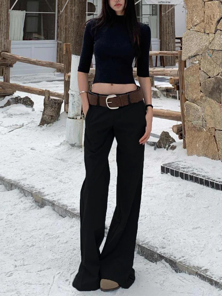 

Осенние повседневные брюки длиной до пола с низкой талией, женские элегантные свободные карманы, стильные широкие однотонные прямые брюки для костюма