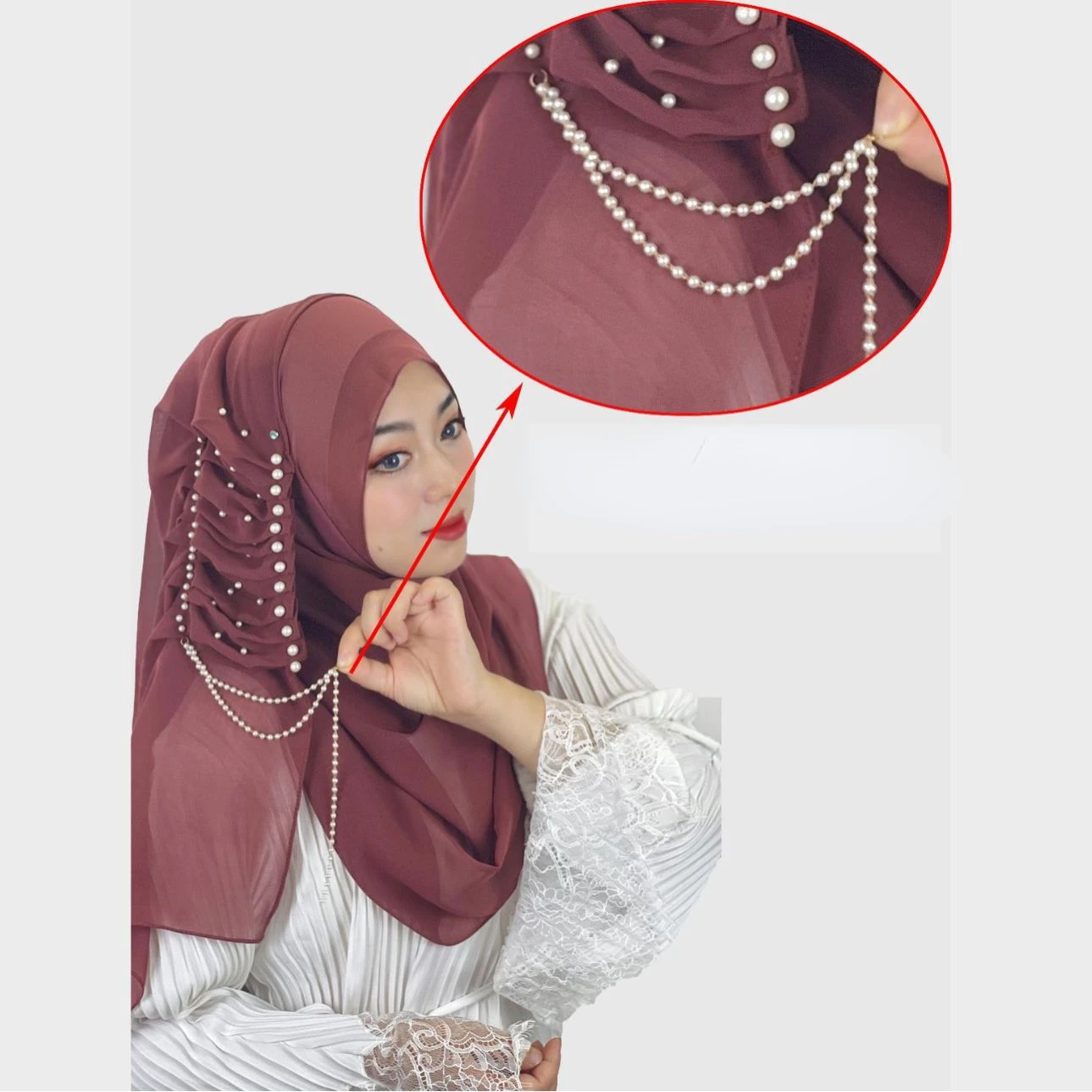 Pearl Chiffon Solid Color Headscarf Beaded Fringed Design Shawl Women's Headscarf Scarf