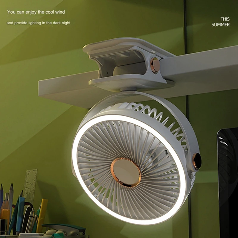 AC62-USB Rechargeable Fan Dormitory Clip-On Type Portable Mini Desk Fan 360 Degree Rotation Adjustable Fan With LED Light