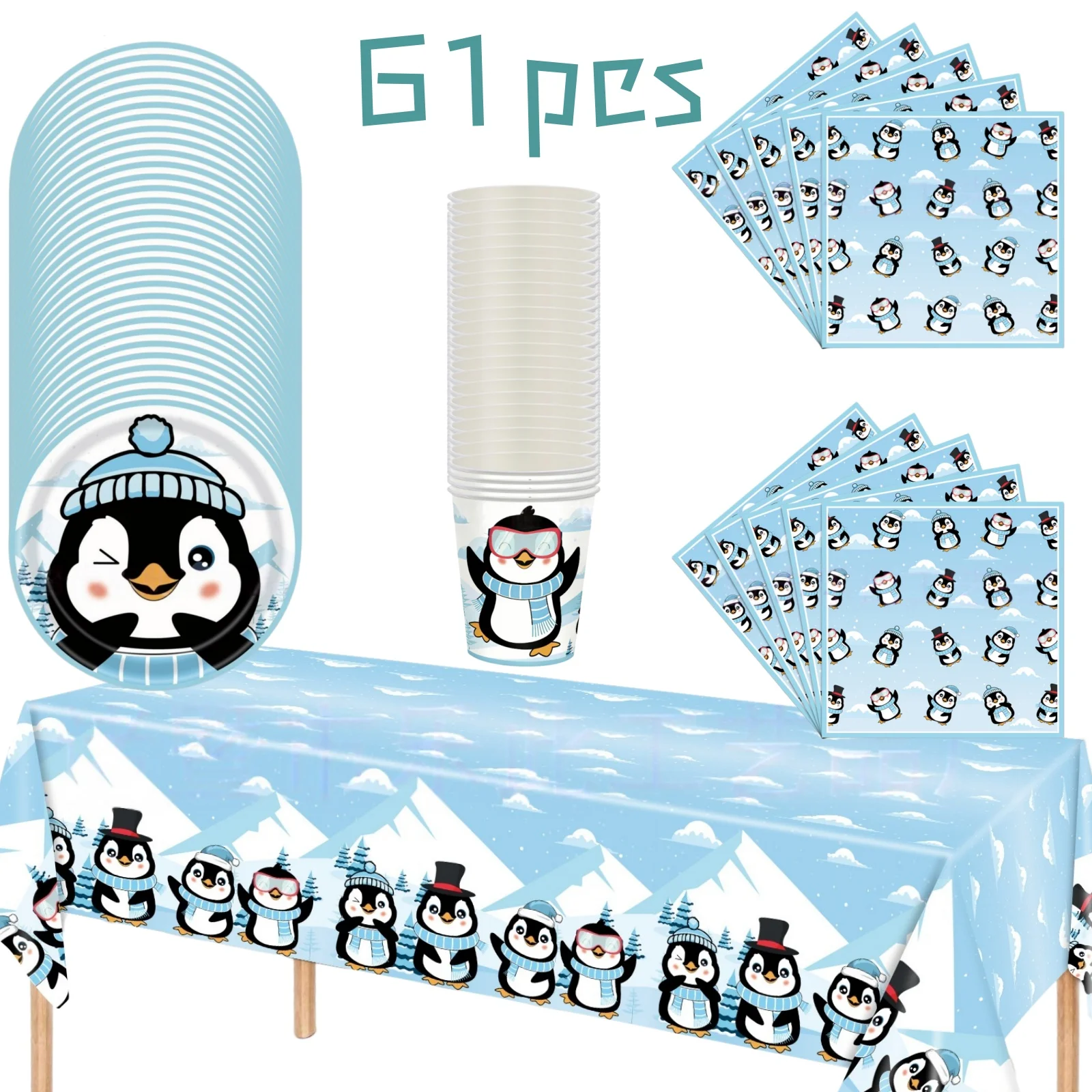 Cartoon Pinguin Happy Birthday Party Dekoration Winter Pinguin Schneeflocken Thema Banner Pappteller Becher Servietten Partyzubehör