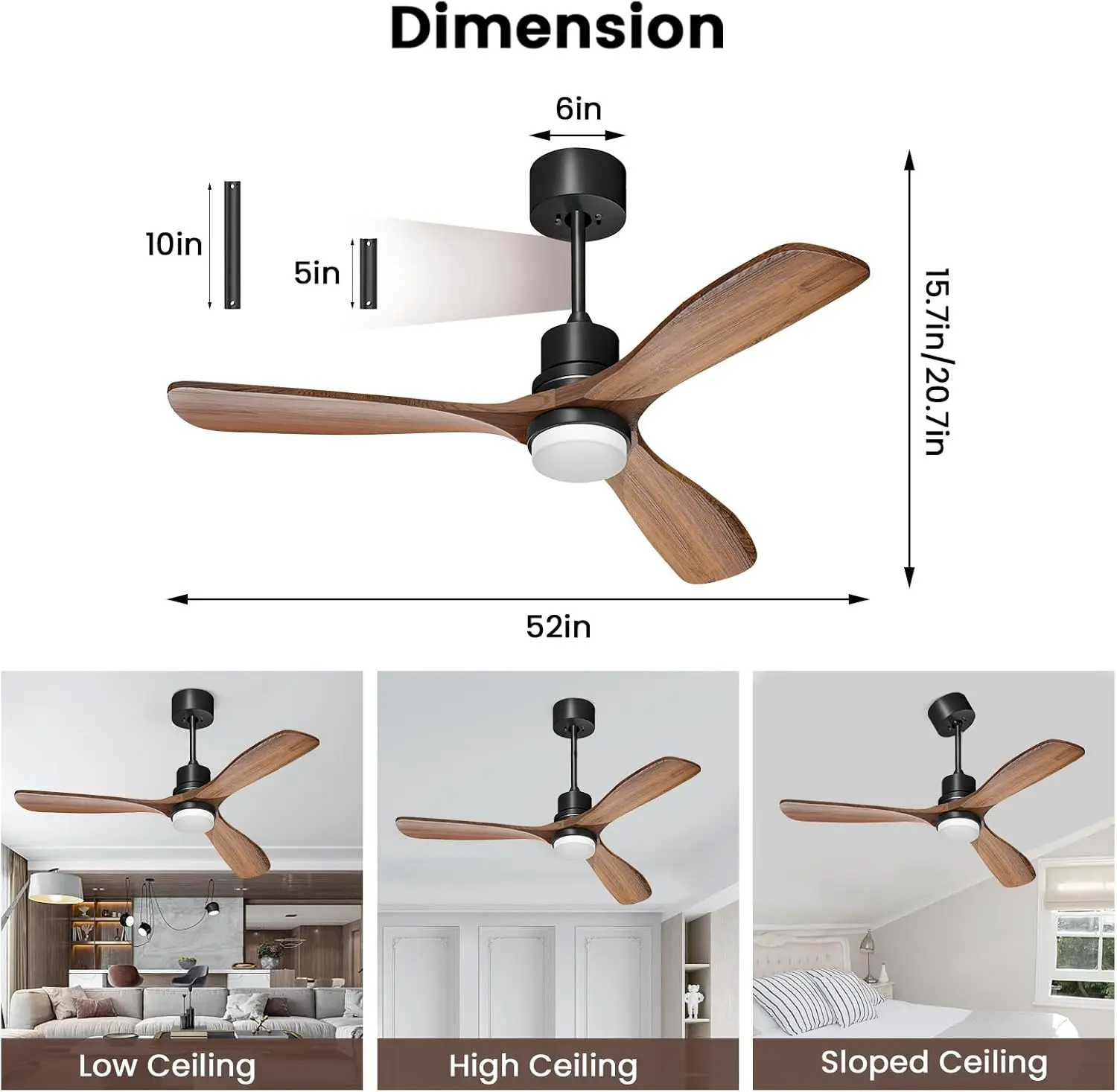 Obabala-Ventilador de teto controle remoto com luzes, ventiladores de madeira ao ar livre, silencioso e reversível DC Motor,