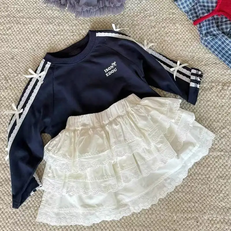 

Korean Children Girls 2PCS Dress Suits Cotton Letter Bow Printed Babys Girls Sweatshirt Lace Hem Cake Skirts For 2-8Y Kids Girls