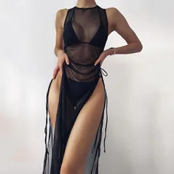 Sexy Bikini Cover-ups Draped Front Drawstring Knot Mesh Beach Cover UP Hight Split Dress Beach Wrap Bikini Swimwear Cover Ups