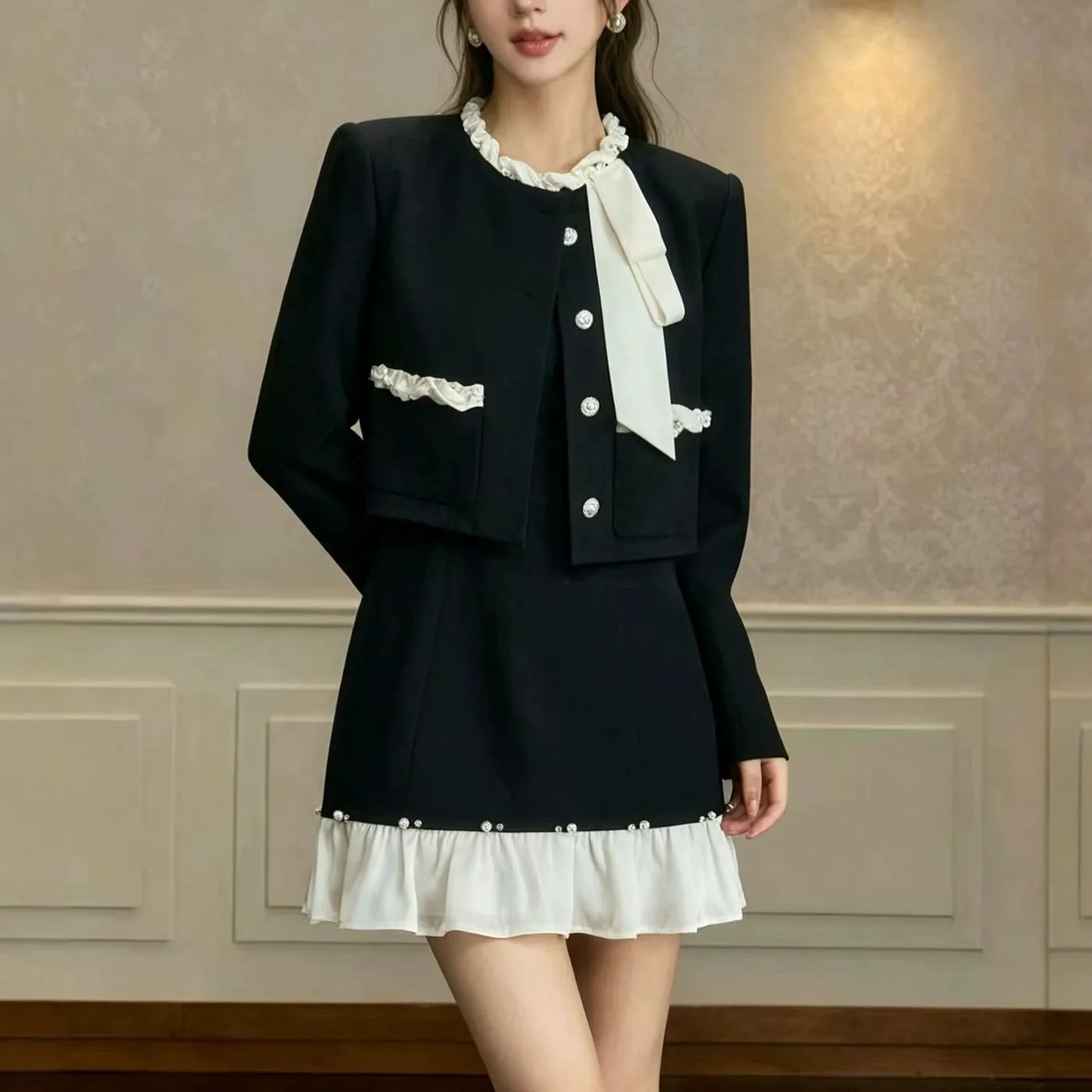 Fall Fashion Suit Doll Collar Single-breasted Pocket Jacket And Puffy Ruffled Hem Short Dress 2Piece Set Elegant Rich Girl Style
