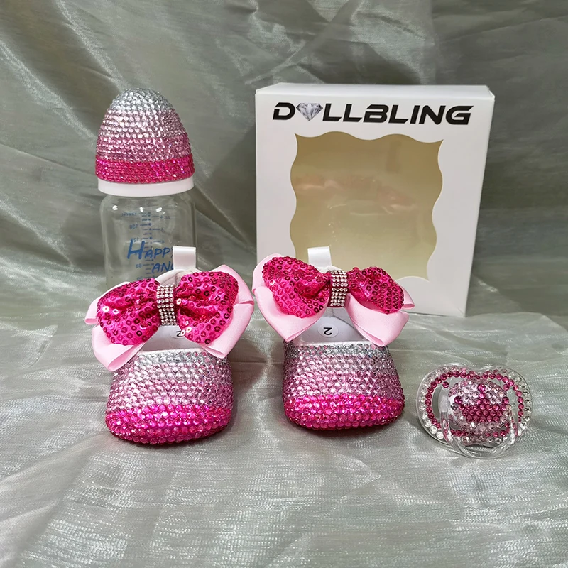 Dollbling Newborn 3 Piece Gift Set Luxury Baby Shoes Headband Pacifier  Pink Lolita Crown Diamond Jewels Layette Sparkly Ballet