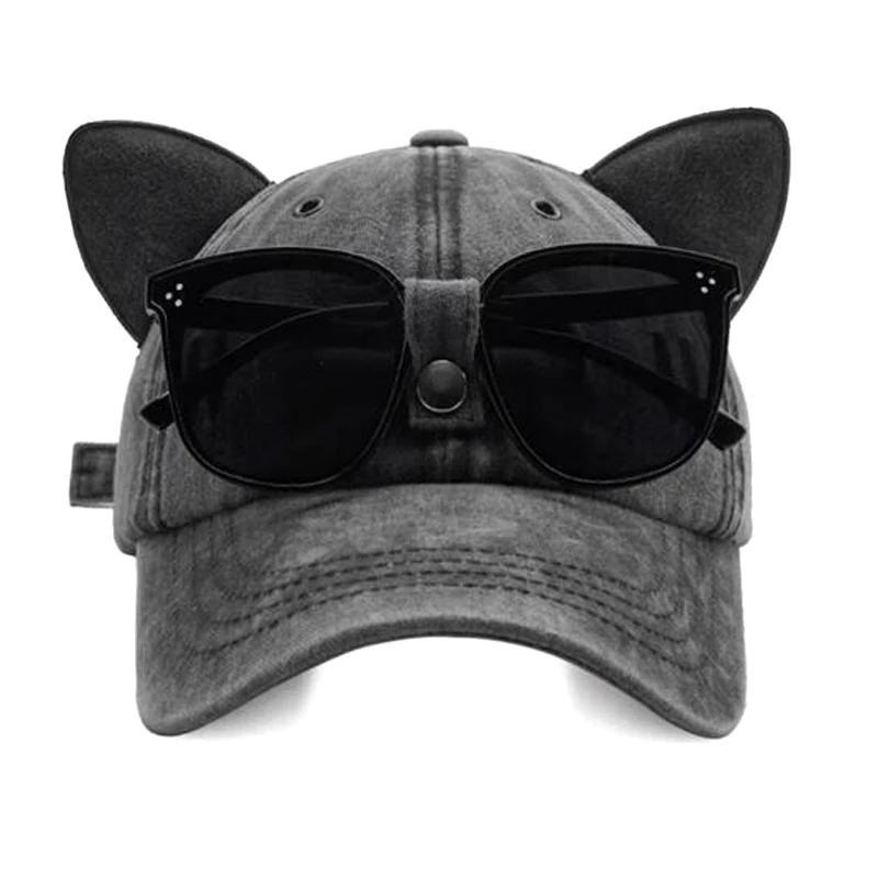 Girls Cat Ears Sunglasses Pink Baseball Cap Ins Personality Ins Trendy Cool Girl Cap Washed Retro Cotton Baseball Hat