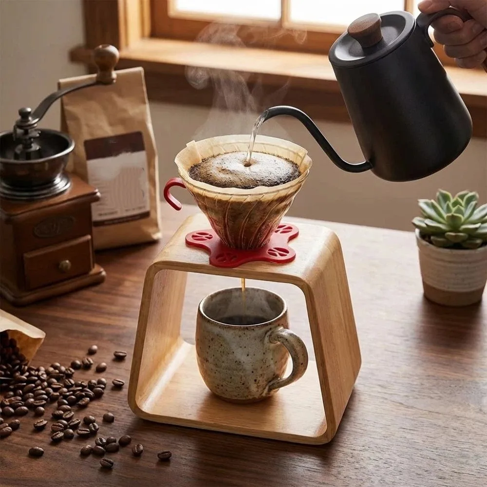 Soporte de madera maciza para tazas con filtro, escurridor de goteo, utensilios de café, base aislante para tetera, base de calentamiento vintage resistente para tetera, restaurante