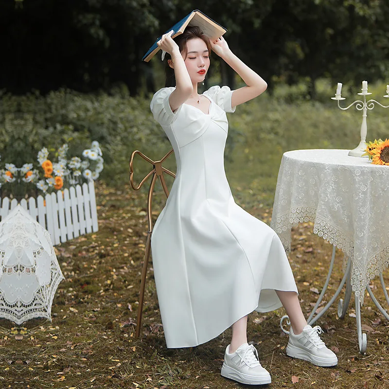 Vestido de noche blanco con cuello cuadrado para mujer, manga farol, cremallera trasera, línea A, vestidos formales, Cheongsam, elegante