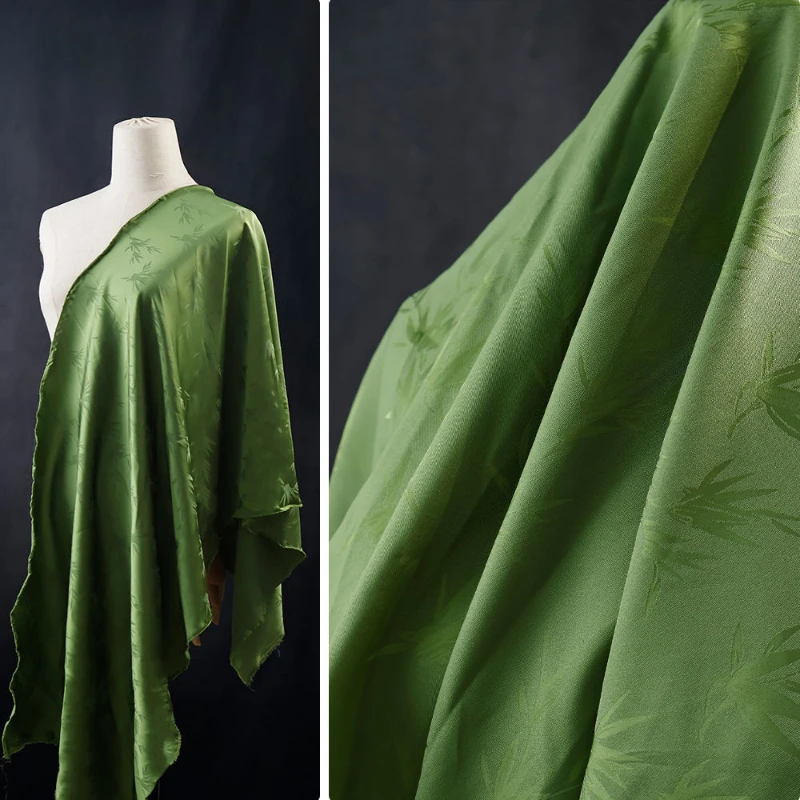 

Chinese Style Elegant Green Bamboo Leaf Dark Pattern Jacquard Fabric Matte Silky Satin Hanfu Qipao Dress Fabric