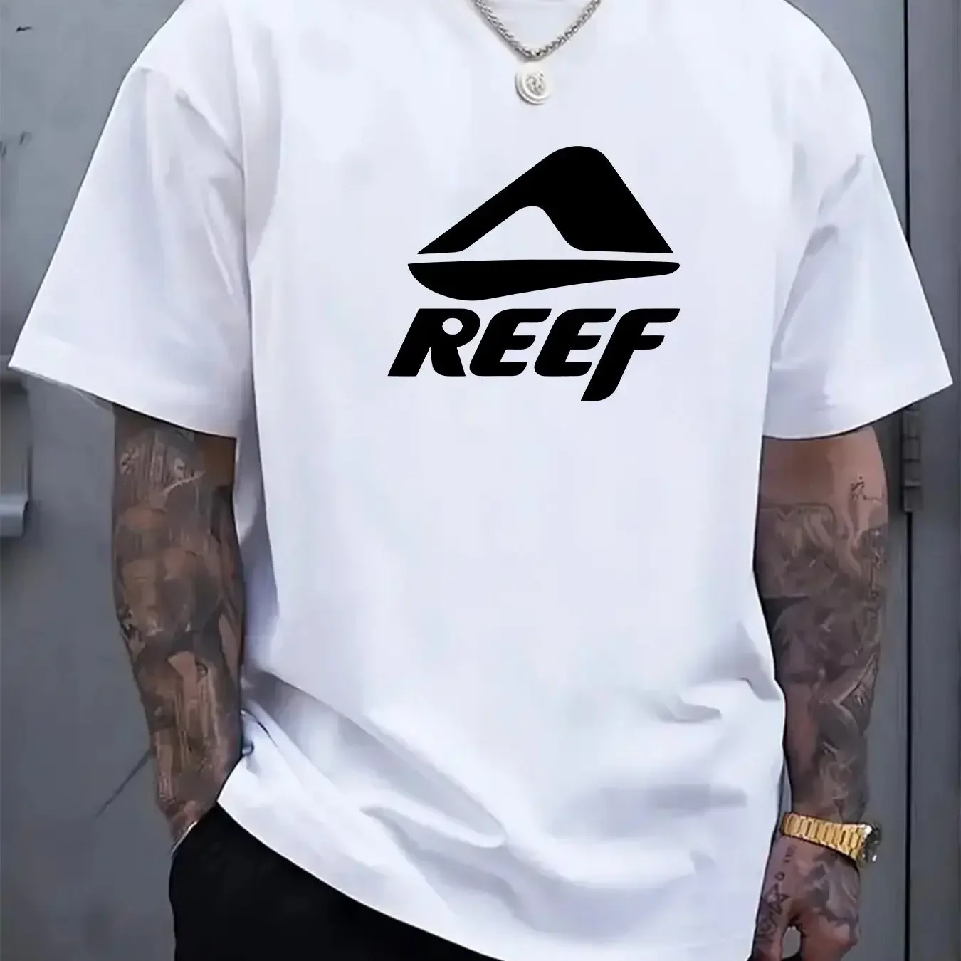 

Men's summer 100% pure cotton fashionable casual loose REEF letter pattern printed round-neck short-sleeved T-shirt