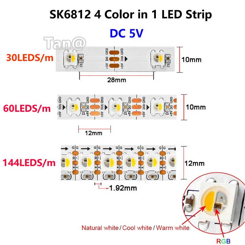 

5m SK6812 RGBNW/RGBCW/RGBWW LED Strip 4 in 1 Similar WS2812B Pixle Individual Addressable 30/60/144 leds/m IP30/IP65/IP67 DC 5V