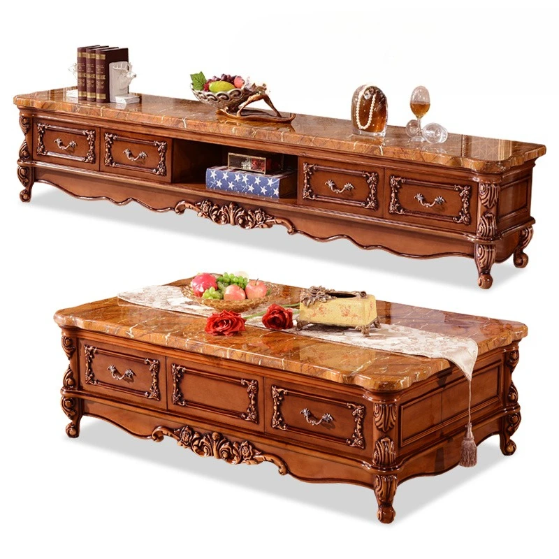 

European coffee table TV cabinet, solid wood marble sofa matching corner table