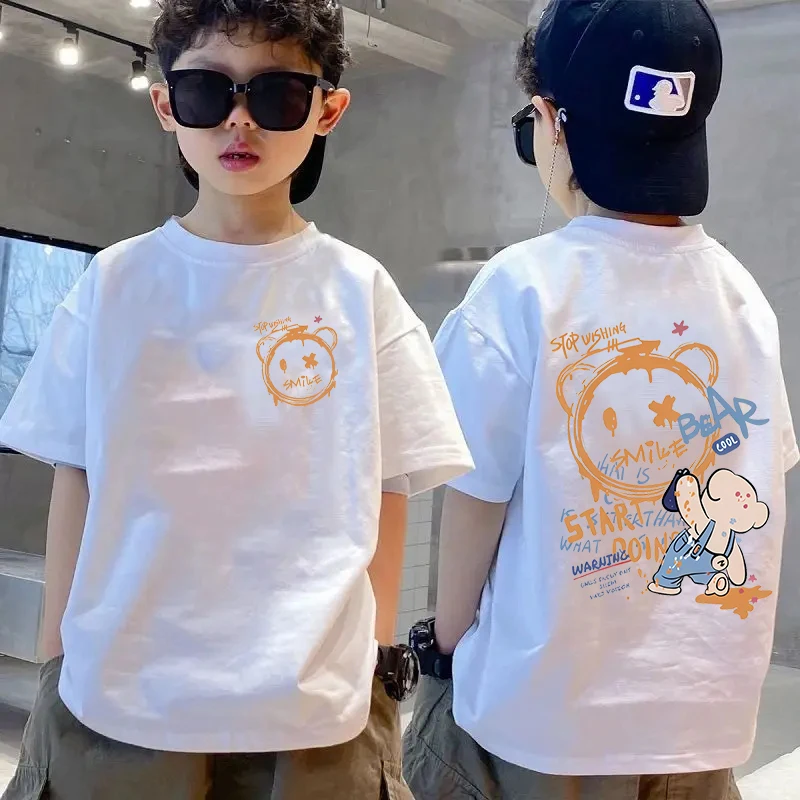Summer Street Wear, Teddy Bear Graffiti Print, Children's High-quality Casual Short Sleeved T-shirt Top