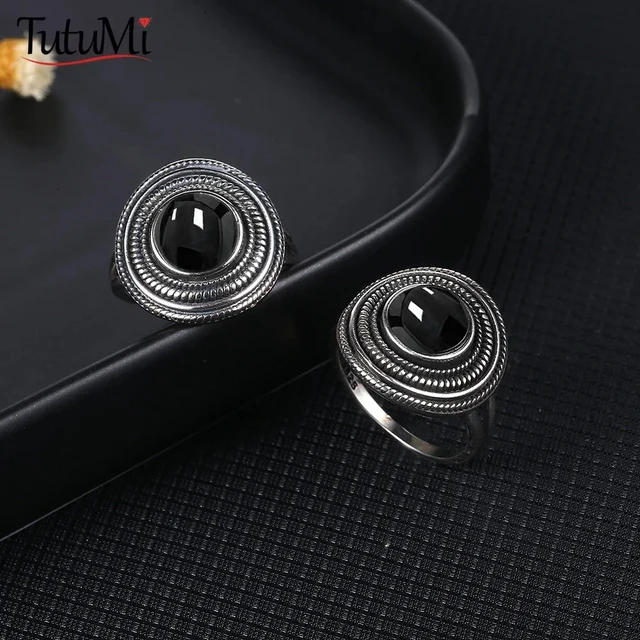 925 Sterling Silver Natural Black Agate Biżuteria Okrągłe 8mm Labradorite Vintage Pierścionki dla kobiet Prezent Drobna biżuteria