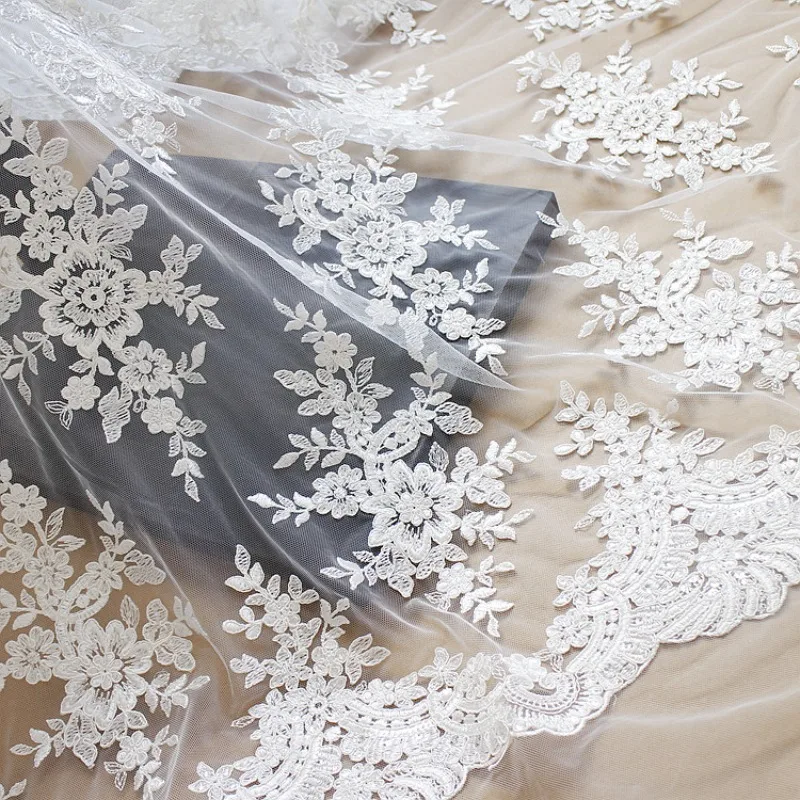 Luxury Embroidered Lace Fabric for Wedding Dress Bridal Gown DIY Clothing Sewing White Floral Applique Trim Accessories Set