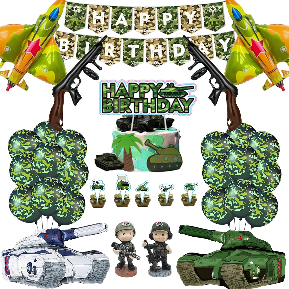 Army Camouflage Party Foil Tank Plane Balloon Camo Latex Balloon Banner Cake Toppers for Boys Military Birthday Decorations Toys