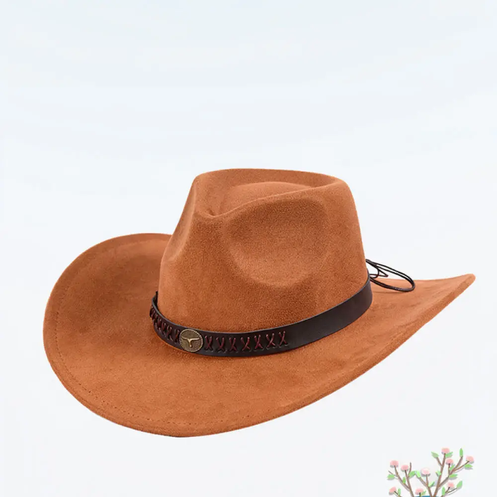 Faux Suede Western Cowboy Hat Vintage Ethnic Fedora Cap Unisex Wide Brim Jazz Hat For Summer Outdoor Travel Party Wear