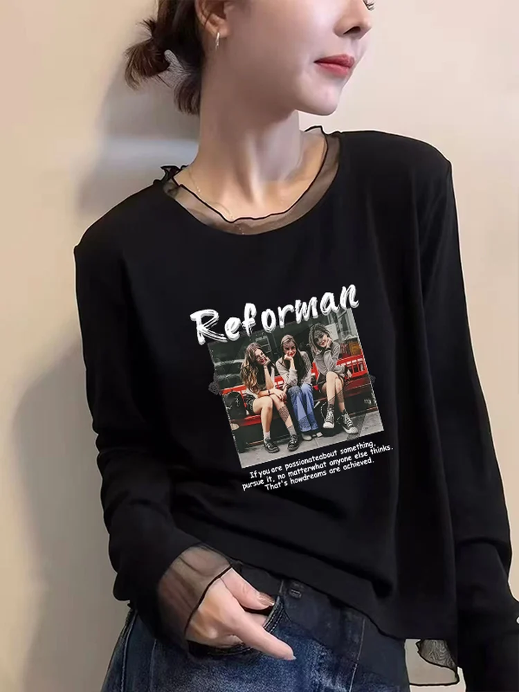 Korean Style Long Sleeve T-Shirt Women's Mesh Lace under Shirt Fashionable Versatile Slimming Top Commute Style Winter Season