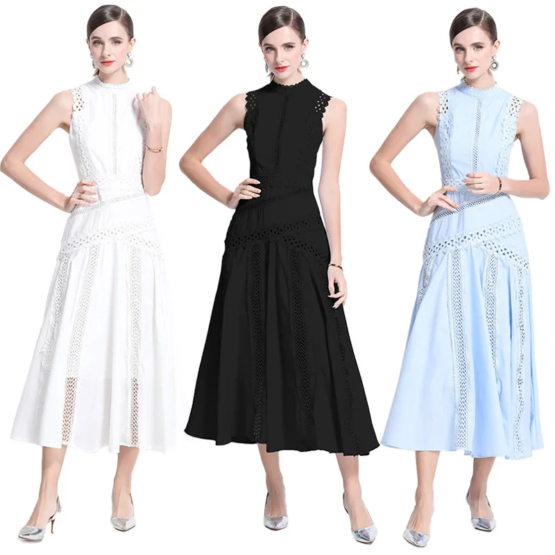 

2025 Spring/Summer New Women's Elegant Retro Lace Cut-Out Sleeveless Waist-Defining Solid Color Maxi Dress A001