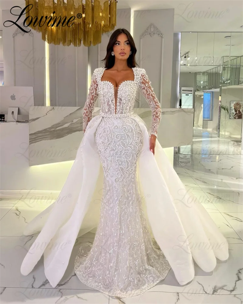 Dubai Arabic Formal Party Dress Long Sleeve Pearls Beaded Mermaid Prom Dresses 2025 Aso Ebi Crystals Lace Celebrity Dresses Robe