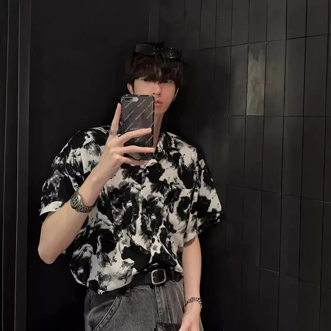 American Summer Men's Printed Black Casual Trendy Simple Basic Daily Loose Short Sleeve Cuban Collar Shirts Male Clothes Coats