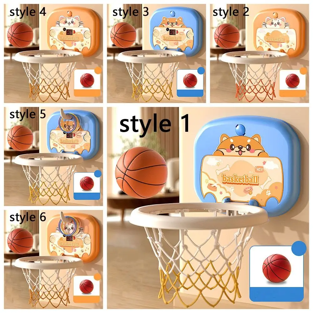 折りたたみ式ベビーバスケットボールおもちゃセット スコアボード付き 漫画動物ミニバスケットボールフープ 穴あけ不要の設置 インフレータブルボール