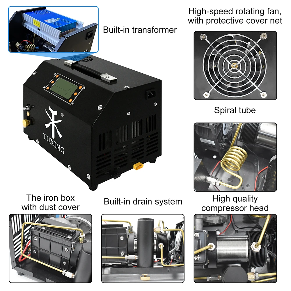 TUXING 4500Psi 300Bar PCP Air Compressor with LCD Display Digital Control Compressor Auto-Stop 12V Power Adapter for PCP Tank