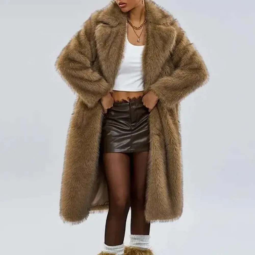 

OFTBUY Длинная куртка из искусственного меха в европейском стиле с лацканами, универсальные, с закрытыми пуговицами, экологически чистые женские пальто, зимнее шуба из искусственного меха