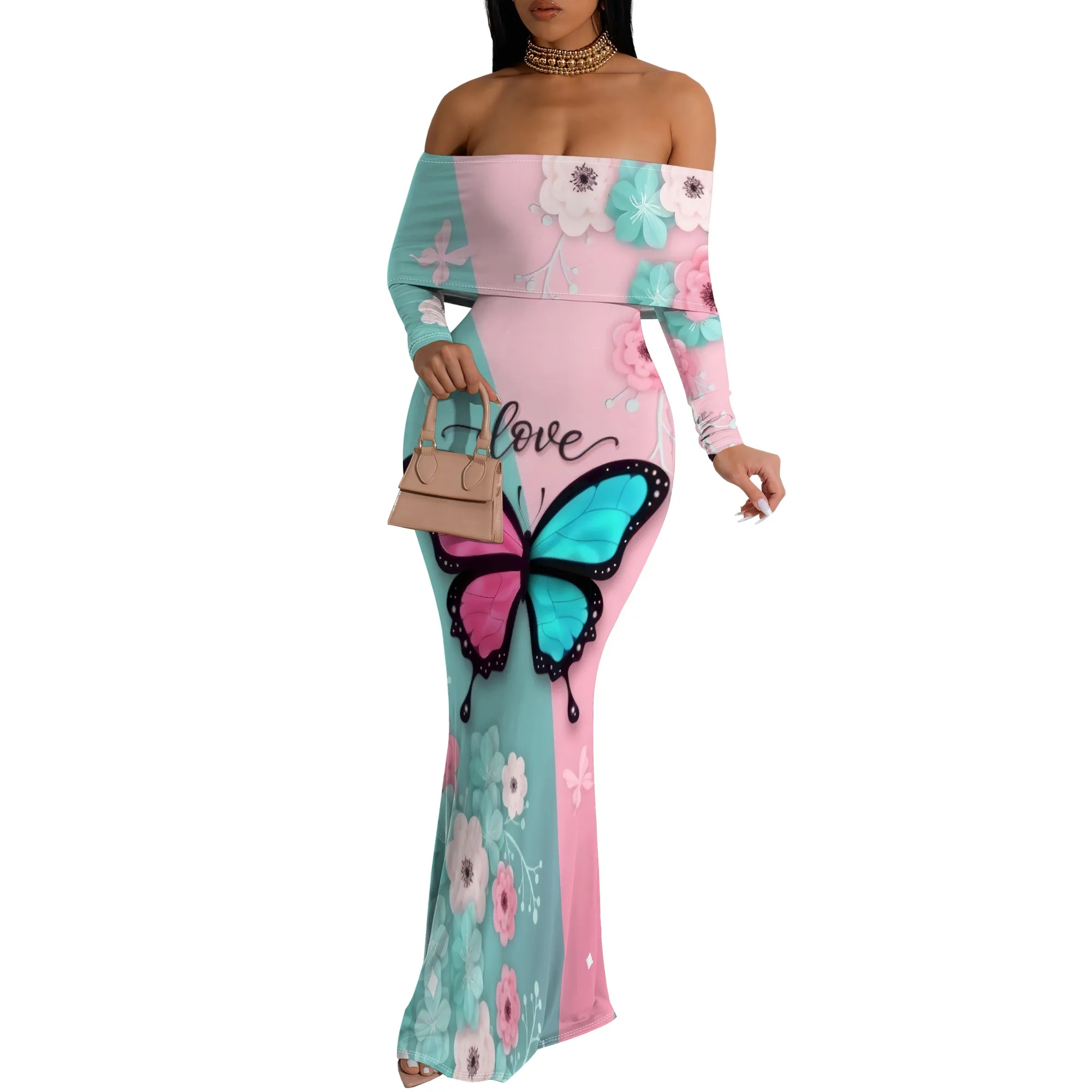 فستان ماكسي بأكمام طويلة مكشوف الأكتاف مزين بالزهور على شكل فراشة - ملابس منتجع نسائية رومانسية للحفلات المسائية #2