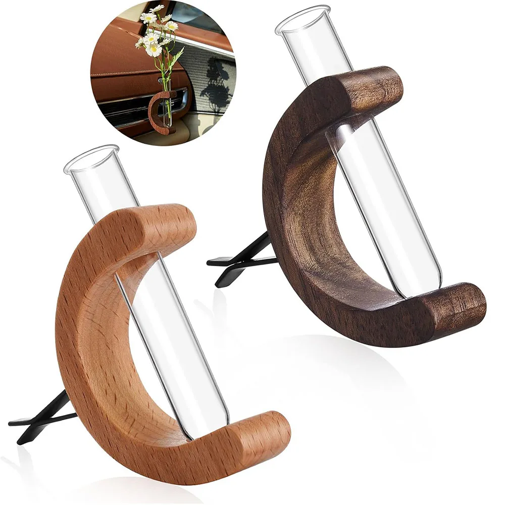 1‑Pcs Mini Car Flower V Vent Clip, Wooden Glass Propagation Vase, Cute Car Dashboard Air Vent Decor, Gift for Plant Lovers & Lad