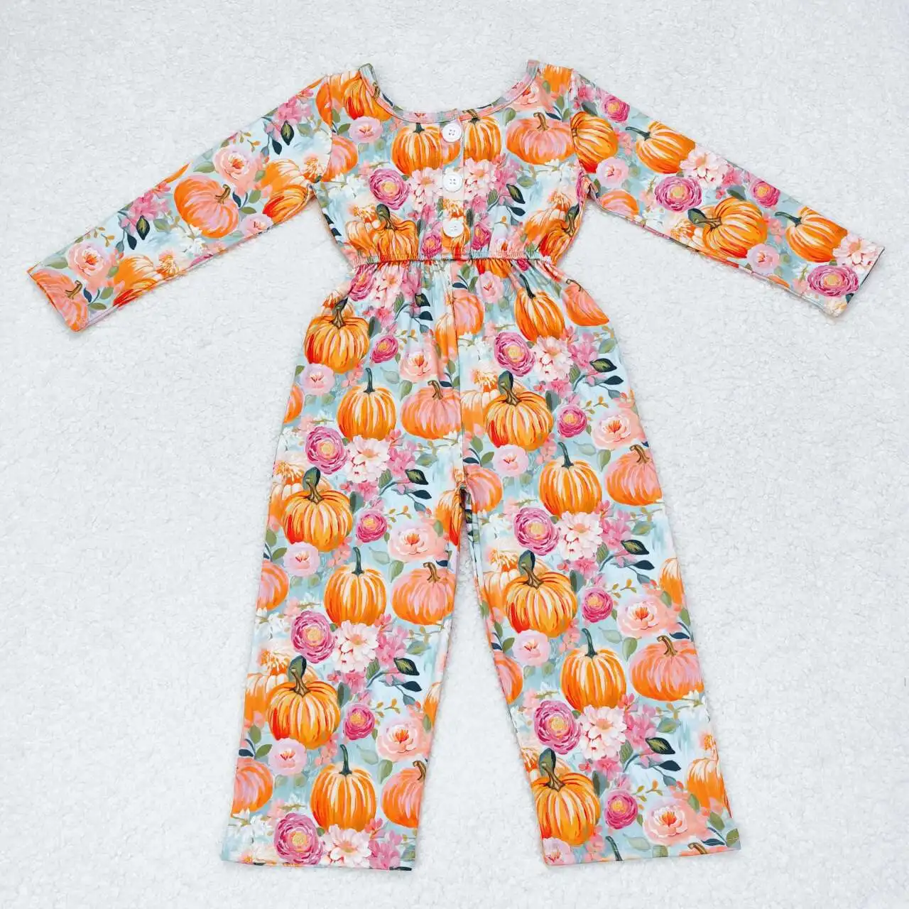 

RTS Baby Girls Toddler Fall Flowers Pumpkins Long Sleeve Boutique Bell Bottom Infant Children Kids Ruffle Jumpsuits Rompers