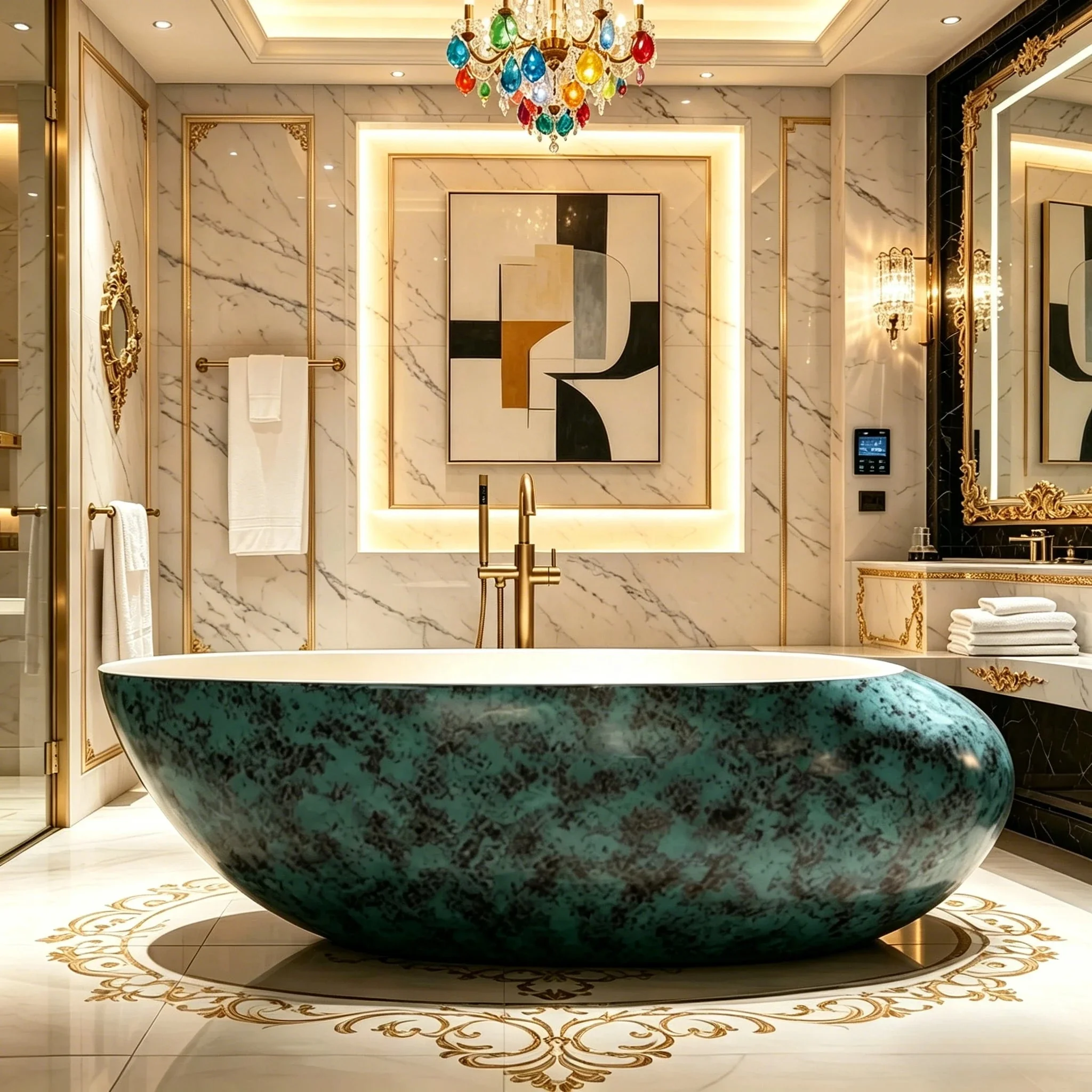 &c Premium Freestanding Oval Bathtub Unique Turquoise Marble Texture Modern Luxury Bathroom Fixture