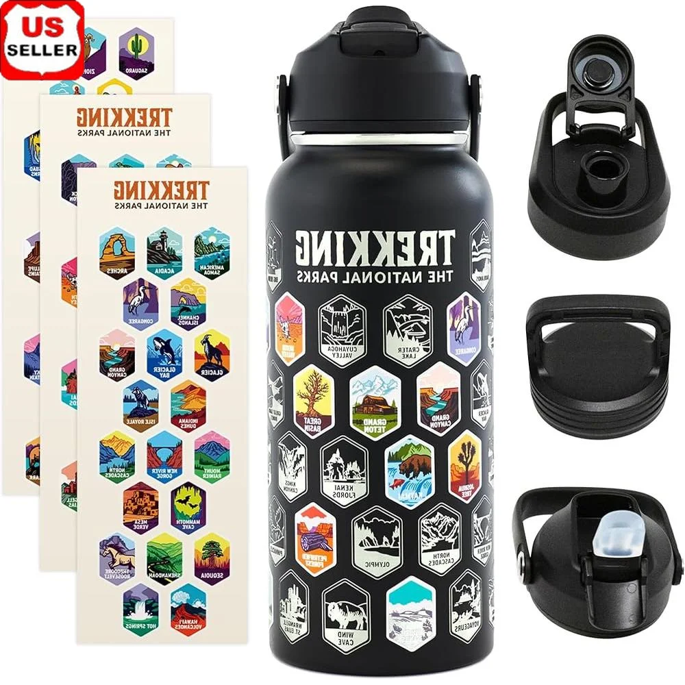 

Trekking National Parks Water Bottle 63 Waterproof Stickers Insulated with 3 Lids Straw Chug Perfect Hiking Outdoor Adventure