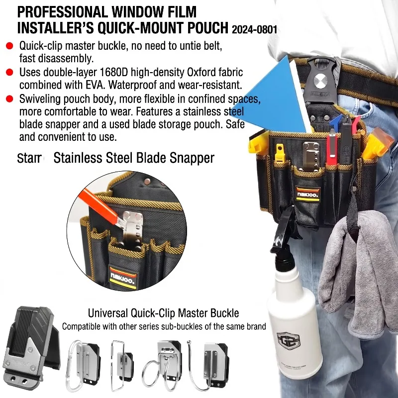 NAKIOO Rotatable Quick Clip Window Tint Tool Waist Pouch Car Vinyl Wrap Film Tool Belt Organizer Bag with Blade Breaker