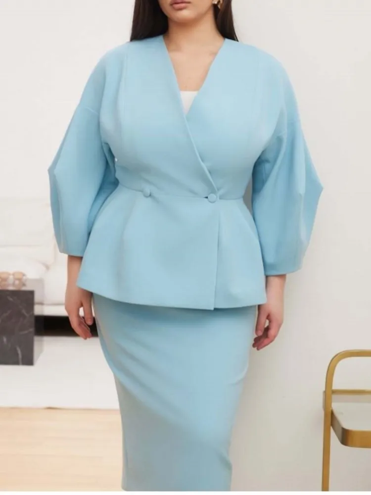 Autumn New Fashion Solid Color Button Puff Sleeve Skirt Two-piece Set Women's Elegant V-neck Long-sleeved Dress Dress Set