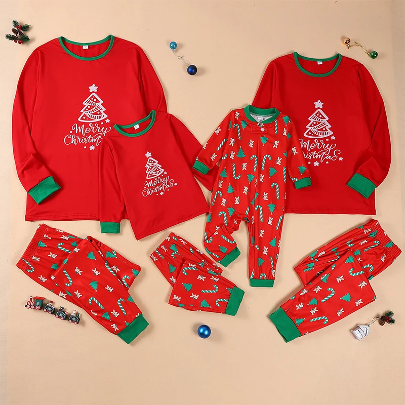 Conjunto de pijamas navideños familiares a juego con letras festivas y estampado navideño para papá, mamá y niños, ropa de dormir acogedora para el