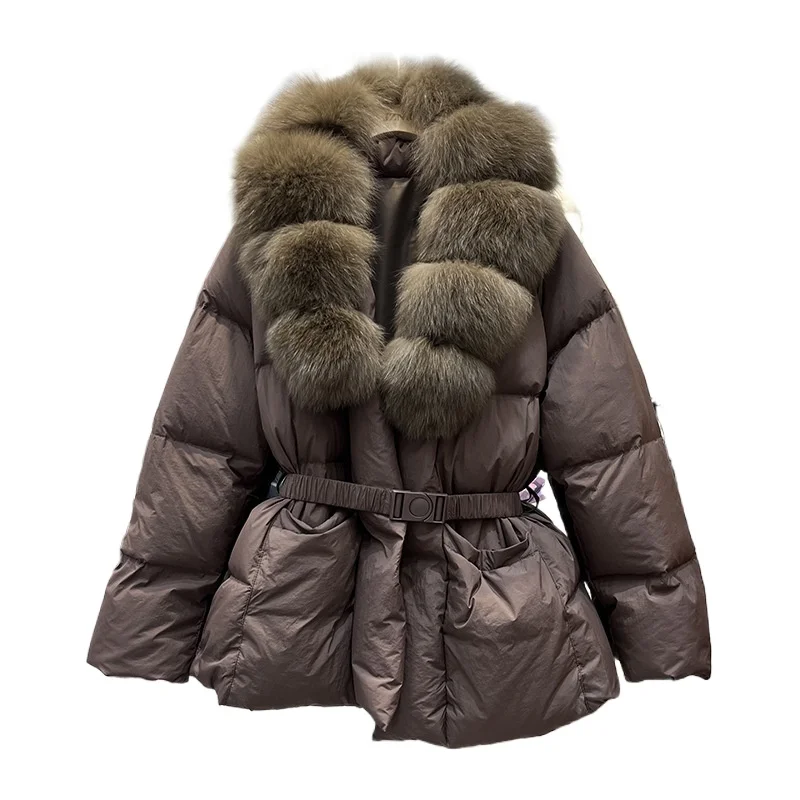 2025 Women's Winter Mid-Length Down Jacket High-end Waist Cinched Waist Fox Fur Collar White Duck Down Slimming Waist