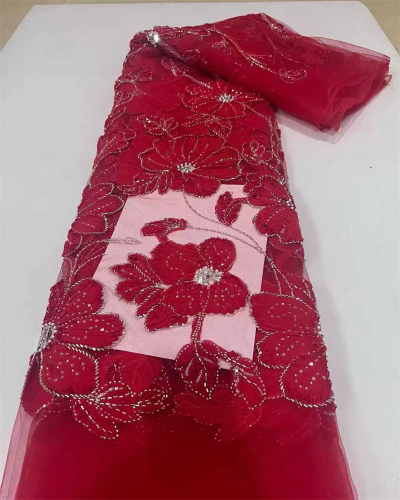 2025Hot Sale Exquisite Design Nigeria Handmade Embroidery Sequins Net Lace With Bead Top Quality For Party Evening Dress