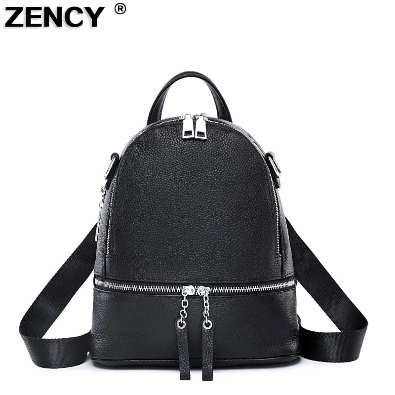 ZENCY Silver Meatal Hardware 100% Genuine Cow Leather Women Backpack Lady Girl First Layer Cowhide Book Bag Style Knapsack Purse
