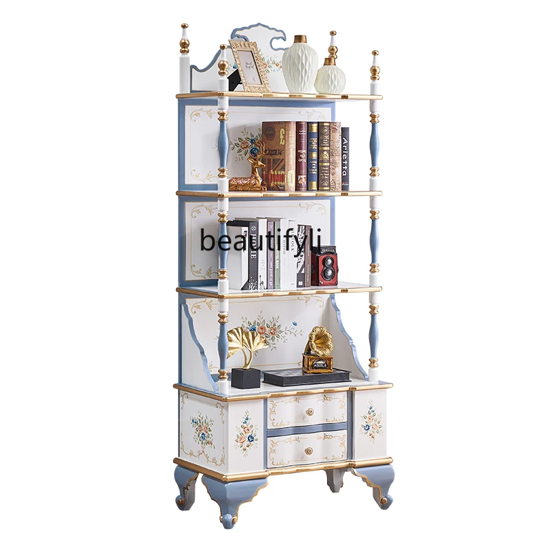 

High-End Luxury European-Style Display Cabinet Vintage Shelf Painted French Classical Floor Bookshelf