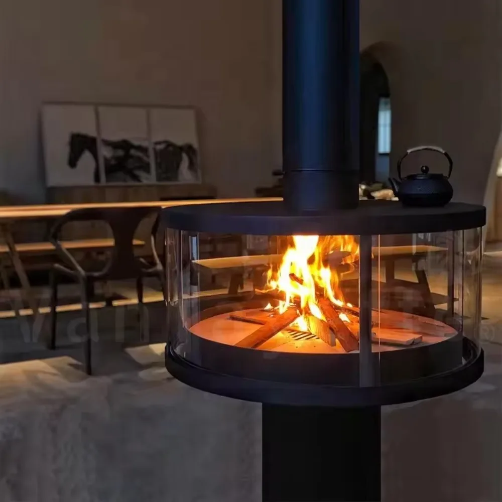 Estufa de chimenea de leña grande para interiores de lujo Natural, ventana transparente de 360 grados