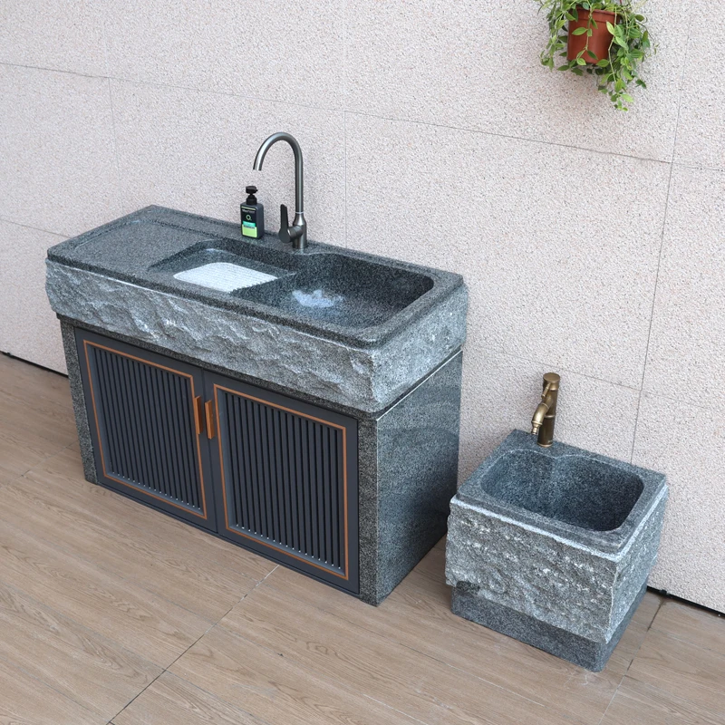 Laundry sink with washboard integrated courtyard stone wash basin, outdoor stone sink