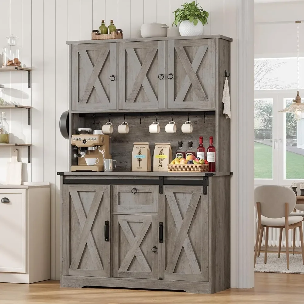 Kitchen Pantry Cabinet, Farmhouse Kitchen Cabinet with Drawer, Sliding Barn Doors Storage Cabinets with Adjustable Shelves for D