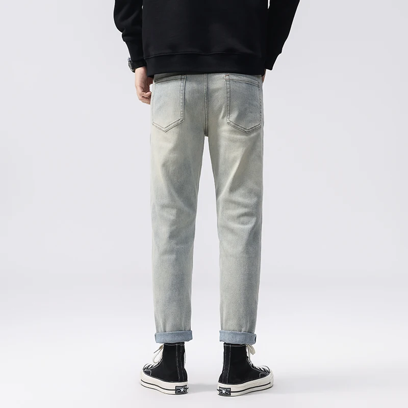 2025 ฤดูใบไม้ร่วงอเมริกันRetroซีเมนต์สีเหลืองDENIMกางเกงยีนส์ผู้ชายเกาหลีสไตล์อินเทรนด์ยืดเรียวตรงกางเกง