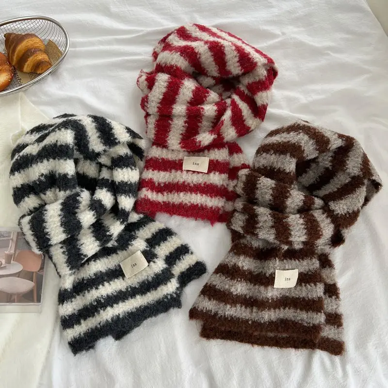 

Double Color Striped Winter Warm Neckerchief Knitting Scarf Knitted Yarn Scarves Shawl Neck Wraps Shawls Keep Warmth for Women